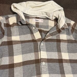 Hollister Men's Cream, Brown & Gray Plaid Hooded Button-Up Shirt
